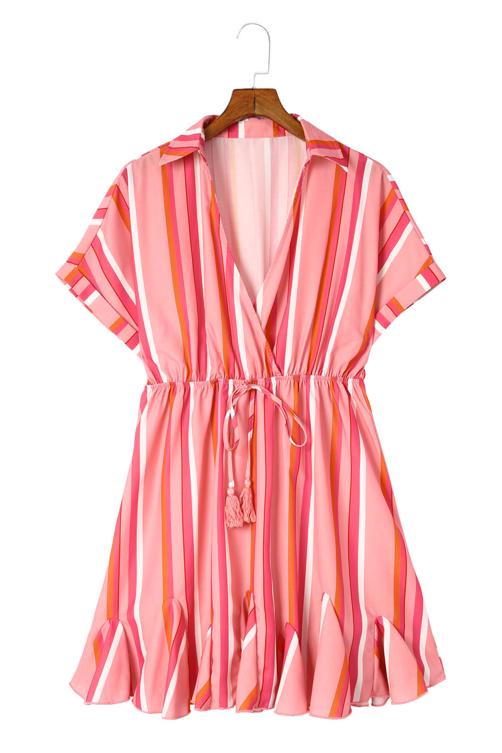 Stripe Print Rolled Short Sleeve V Neck Mini Dress