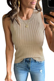 Apricot Ribbed Knit Crew Neck Tank Top