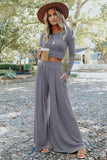 Black Solid Color Ribbed Crop Top Long Pants Set