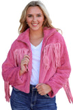 Pink Fringed Full Zipper Fleece Jacket