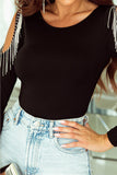 Rhinestone Fringed Cold Shoulder Long Sleeve Bodysuit