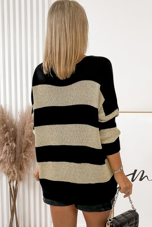 Contrast Striped V Neck Loose Sweater