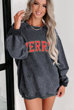 Pink Solid Ribbed Knit Round Neck Pullover Sweatshirt