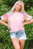 Pink Sequin Colorblock Striped Puff Sleeve Top