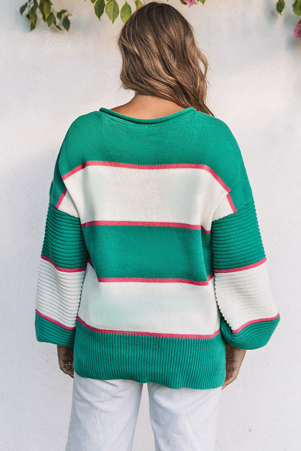 Striped Color Block Knitted Buttoned V Neck Sweater