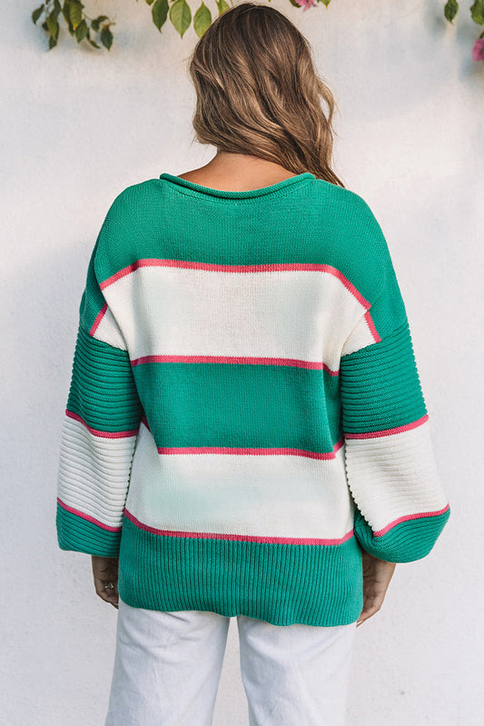 Striped Color Block Knitted Buttoned V Neck Sweater