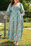 Green Plus Size Floral Print Square Neck Smocked Maxi Dress