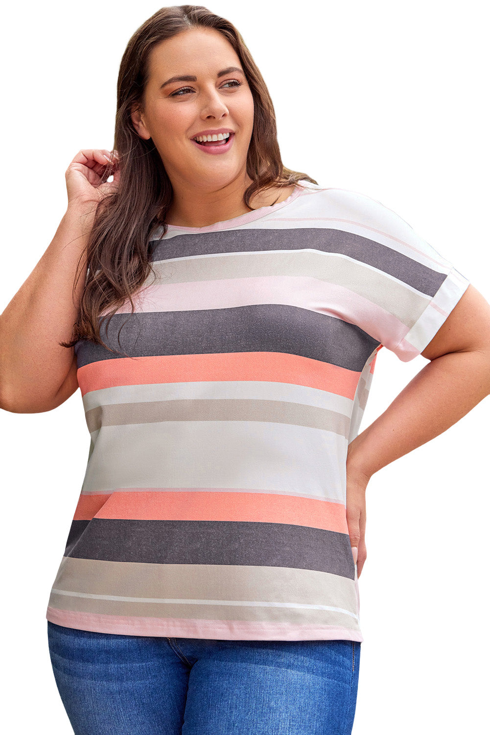 Rayure T-shirt Rayé Imprimé Colorblock de Grande Taille 