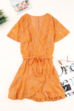 Orange Flutter Sleeve Wrap V Neck Floral Lace Short Dress