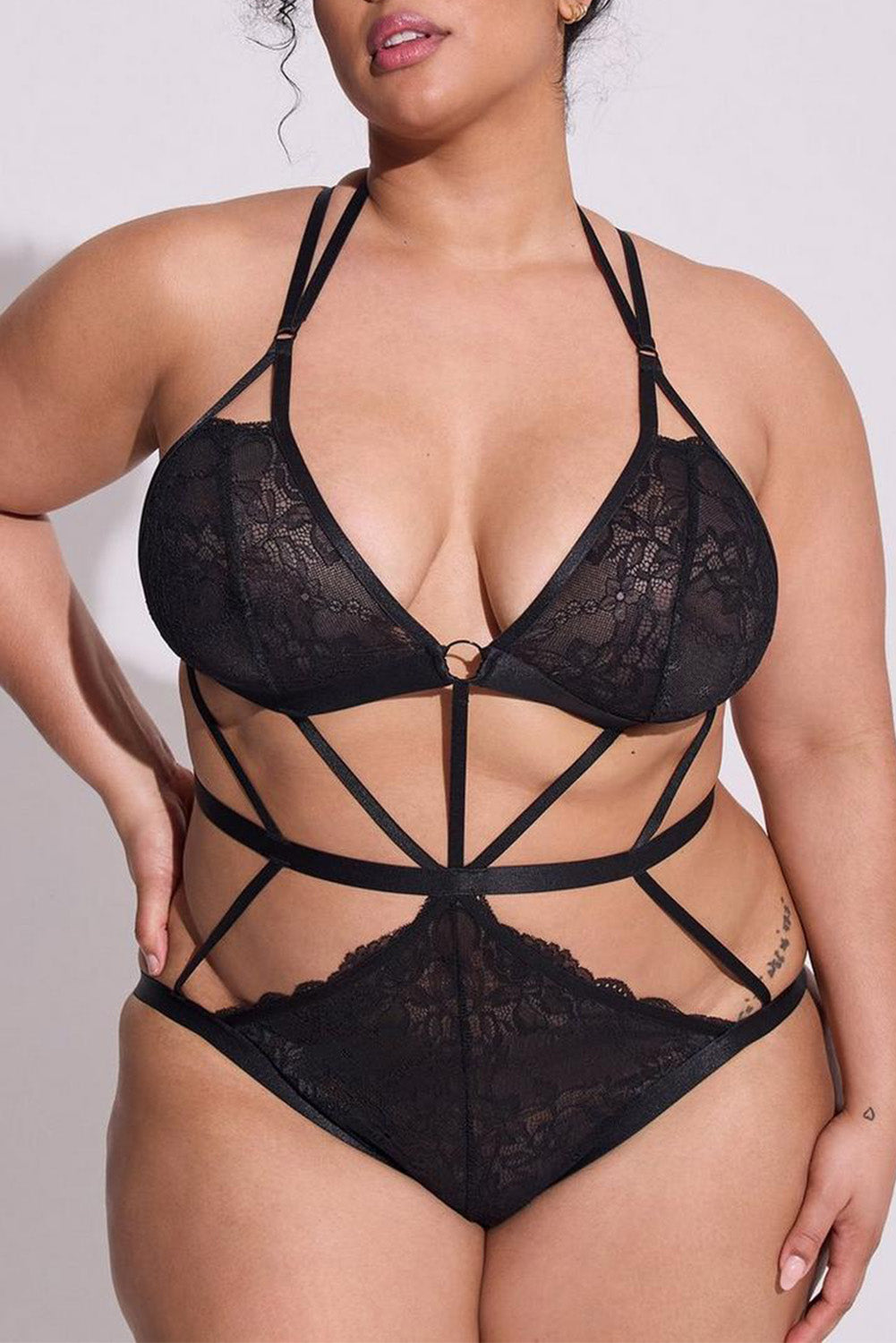 Lingerie Teddy Noire à Bretelles en Dentelle Grande Taille