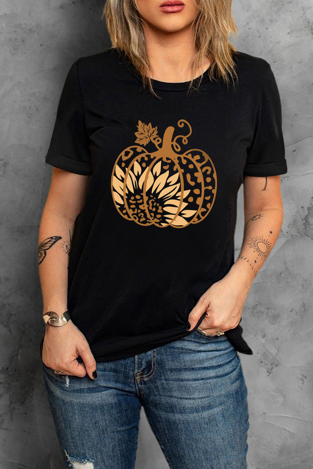 Black Halloween Sunflower Pumpkin Graphic Tee