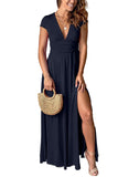 Ruched V Neck Cap Sleeve Slit Maxi Dress