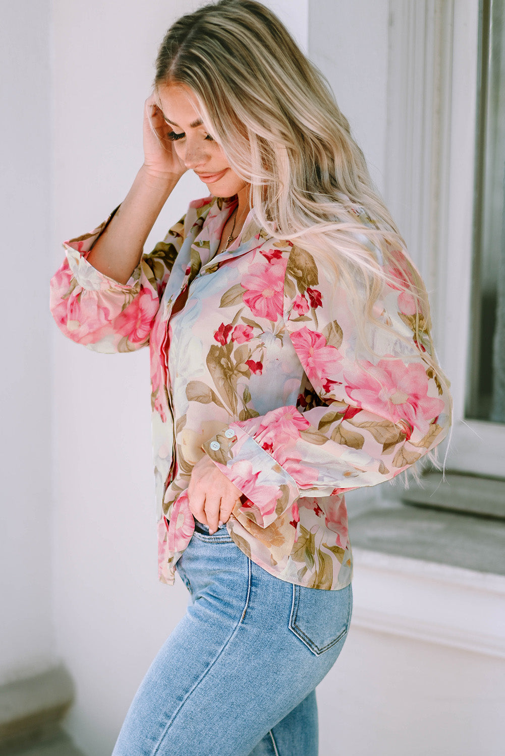 Pink Floral Print Tiered Ruffled Long Sleeve Blouse