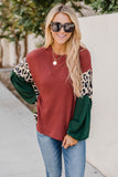 Leopard Splicing Waffle Color Block Puff Sleeve Top