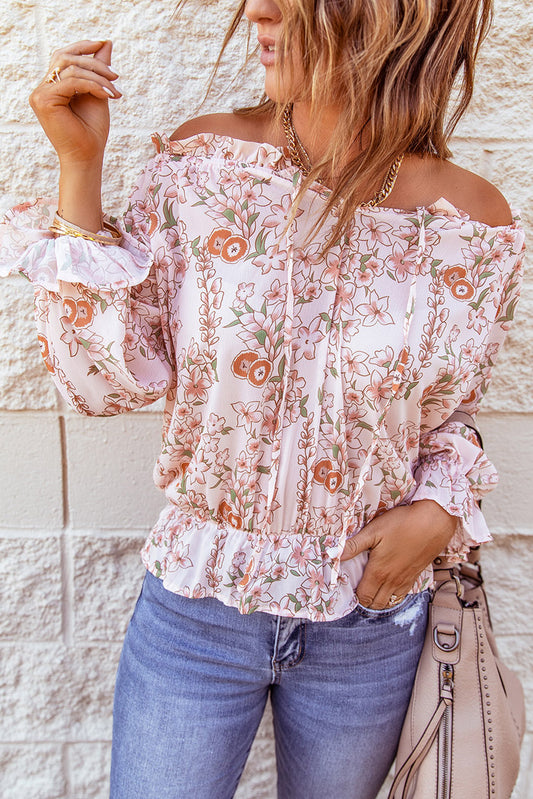 Off The Shoulder Puff Sleeve Ruffled Floral Print Blouse