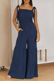 Black Tie Straps Shirred Bodice Tiered Wide Leg Jumpsuit