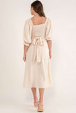 Beige Puff Sleeve Cross Tie Cut Out Maxi Dress