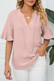 Ruffled Bracelet Sleeve V-Neck Pleated Blouse