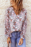 Green Floral Print V Neck Long Puff Sleeve Top