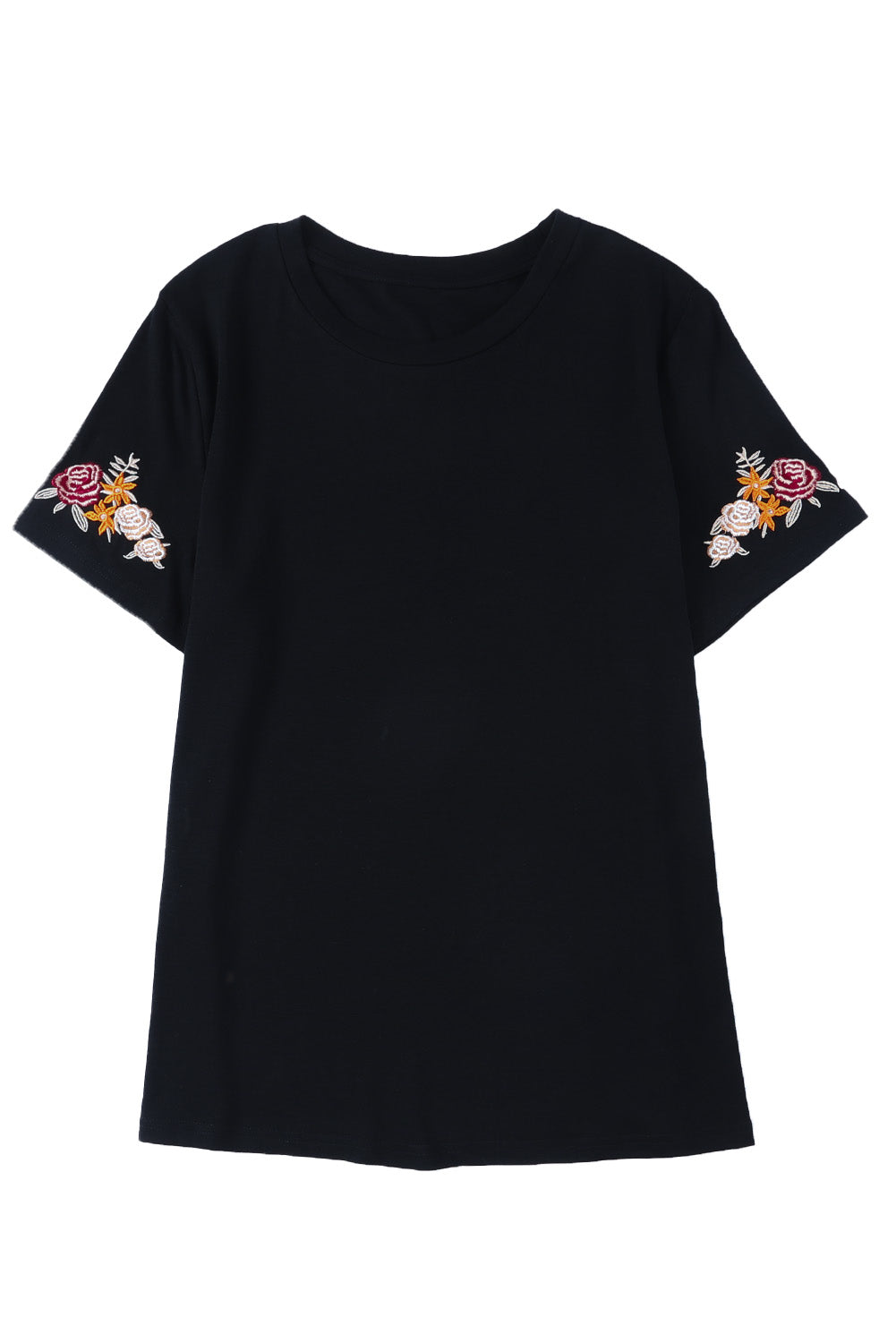 Floral Embroidered Round Neck Short Sleeve T Shirt