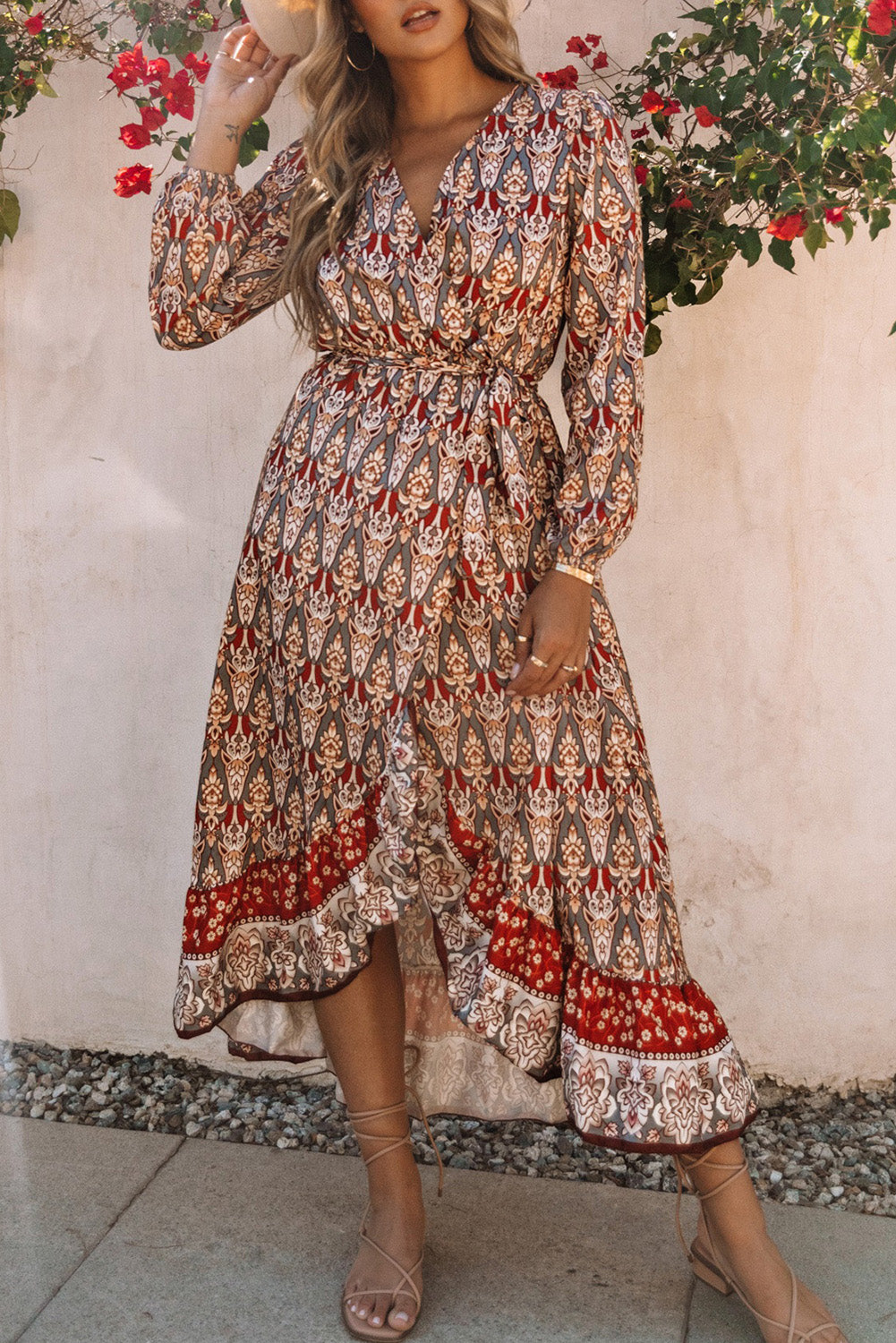 Boho Floral Print Ruffle Trim Wrap Belted Dress