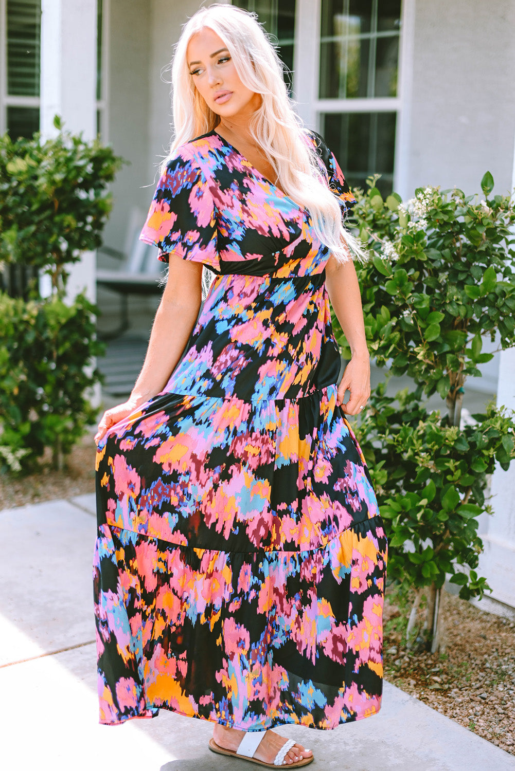 Abstract Floral Pattern Flutter Sleeve Tiered Maxi Dress