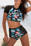 Lace Hollow Floral Print 2pcs Swimsuit