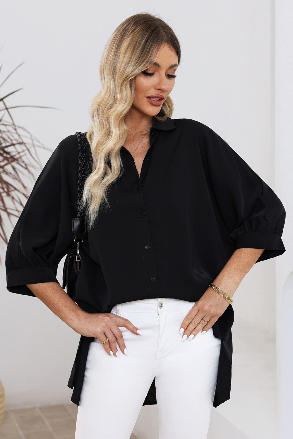 Chemise oversize noire à manches 3/4 bouffantes