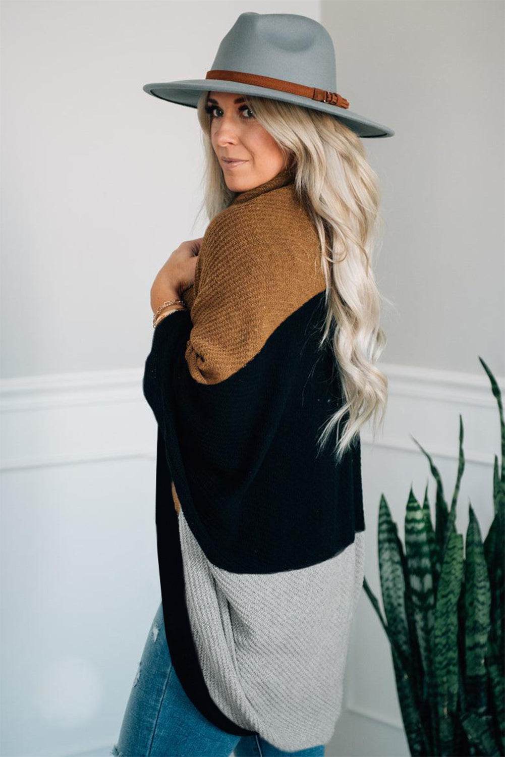 Gray Neutral Colorblock Drapey Cardigan