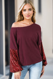 Sequin Patchwork Sleeve Open Back Waffle Knit Top