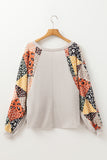 Parchment Contrast Printed Raglan Sleeves Patchwork V Neck Loose Top