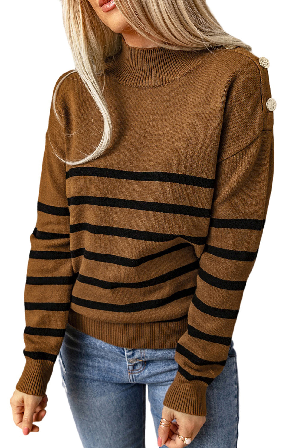 Striped Turtleneck Long Sleeve Sweater with Buttons