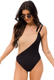 Double Straps One Shoulder Color Block Teddy Swimsuit