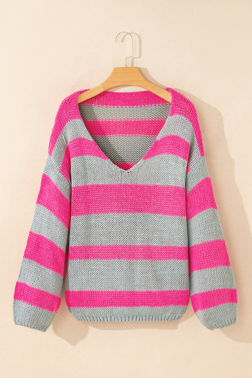 Striped Colorblock Knit V Neck Loose Fit Sweater