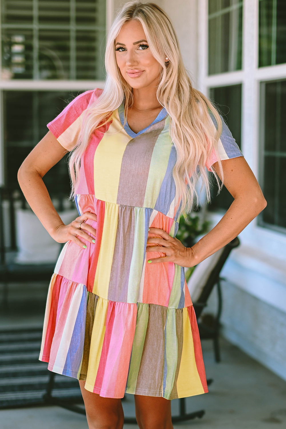 Stripe Color Block Ruffled T-shirt Dress