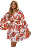 High Waist Bell Sleeve Ruffled Floral Mini Dress