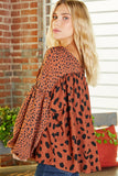 Brown Contrast Leopard Print Bubble Sleeve Blouse