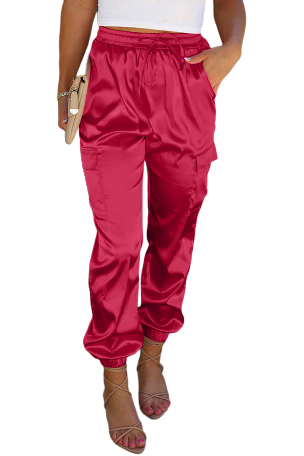 Satin Pocketed Drawstring Elastic Waist Pants