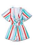 Stripe Print Tie V Neck Flowy Romper