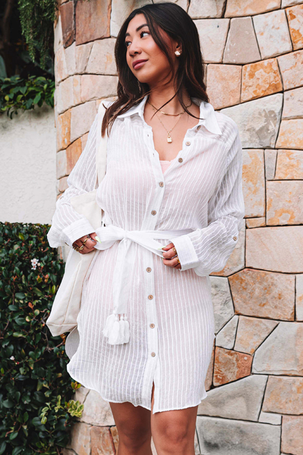 Striped Shirt Dress Beach Cover up with Belt