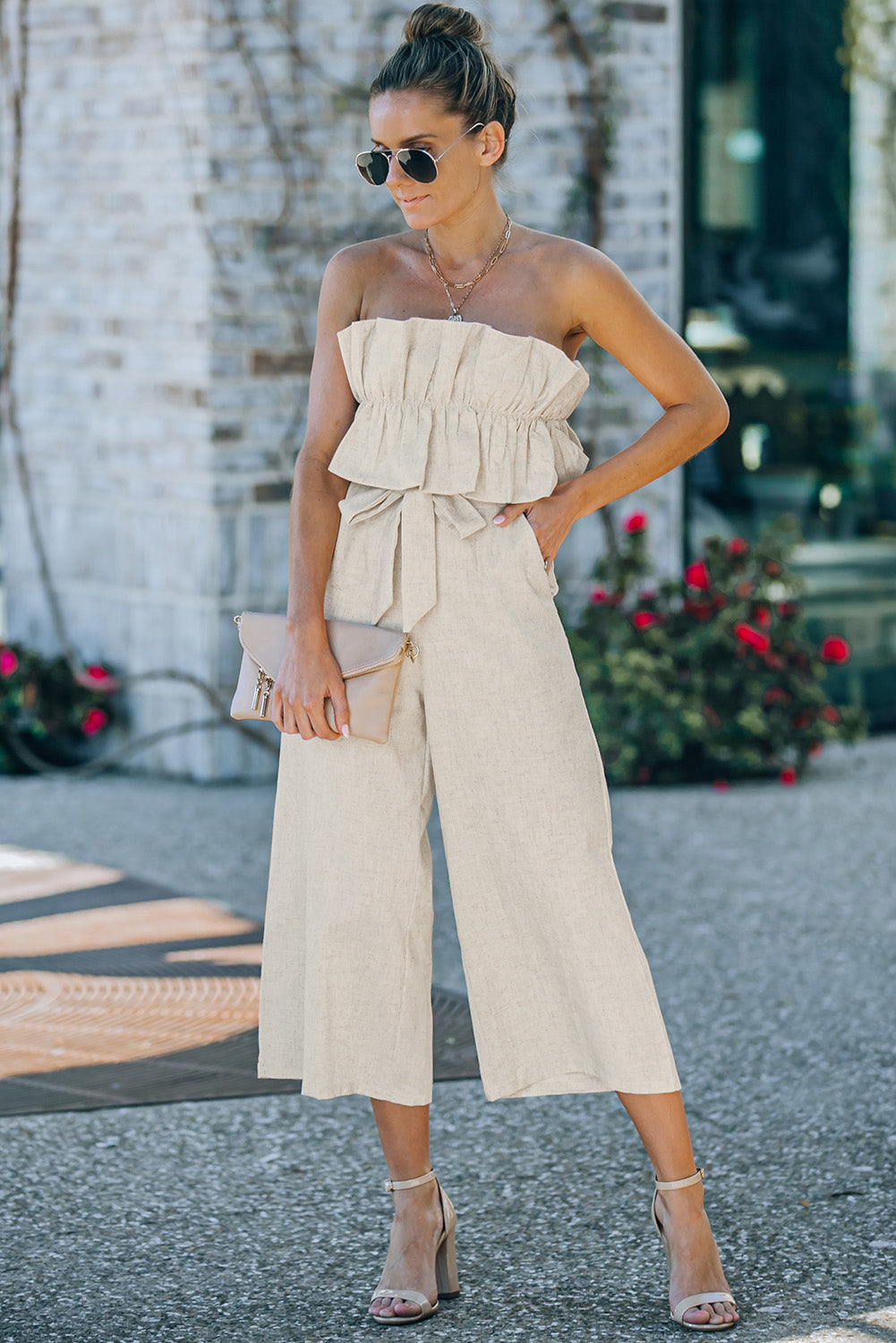 Ruffled Strapless Wide Leg Jumpsuit