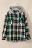 Green Plaid Print Chest Pocket Buttoned Hooded Shacket