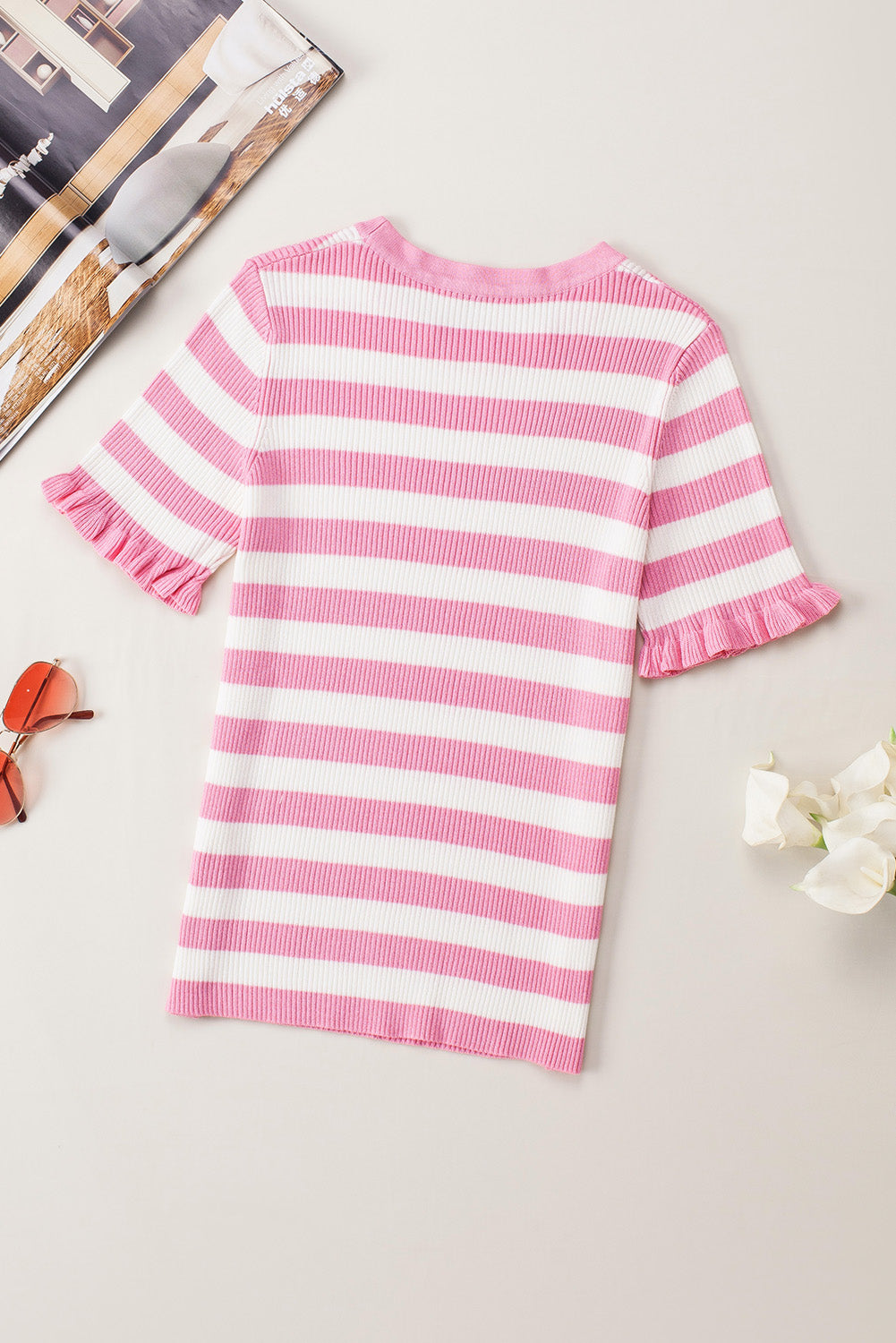 Striped Ruffled Short Sleeve O-neck Knit Sweater Top