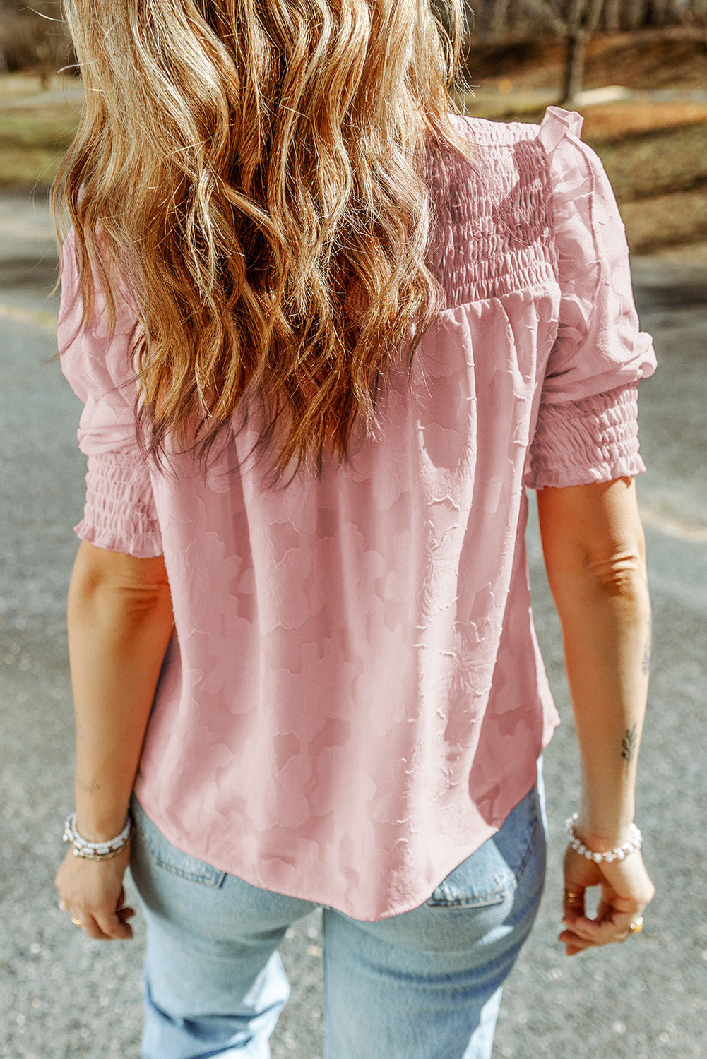 Blouse texturée jacquard smockée rose