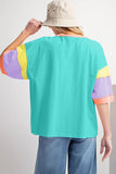 Light Blue Color Block Stitching Sleeve Round Neck Oversize Top