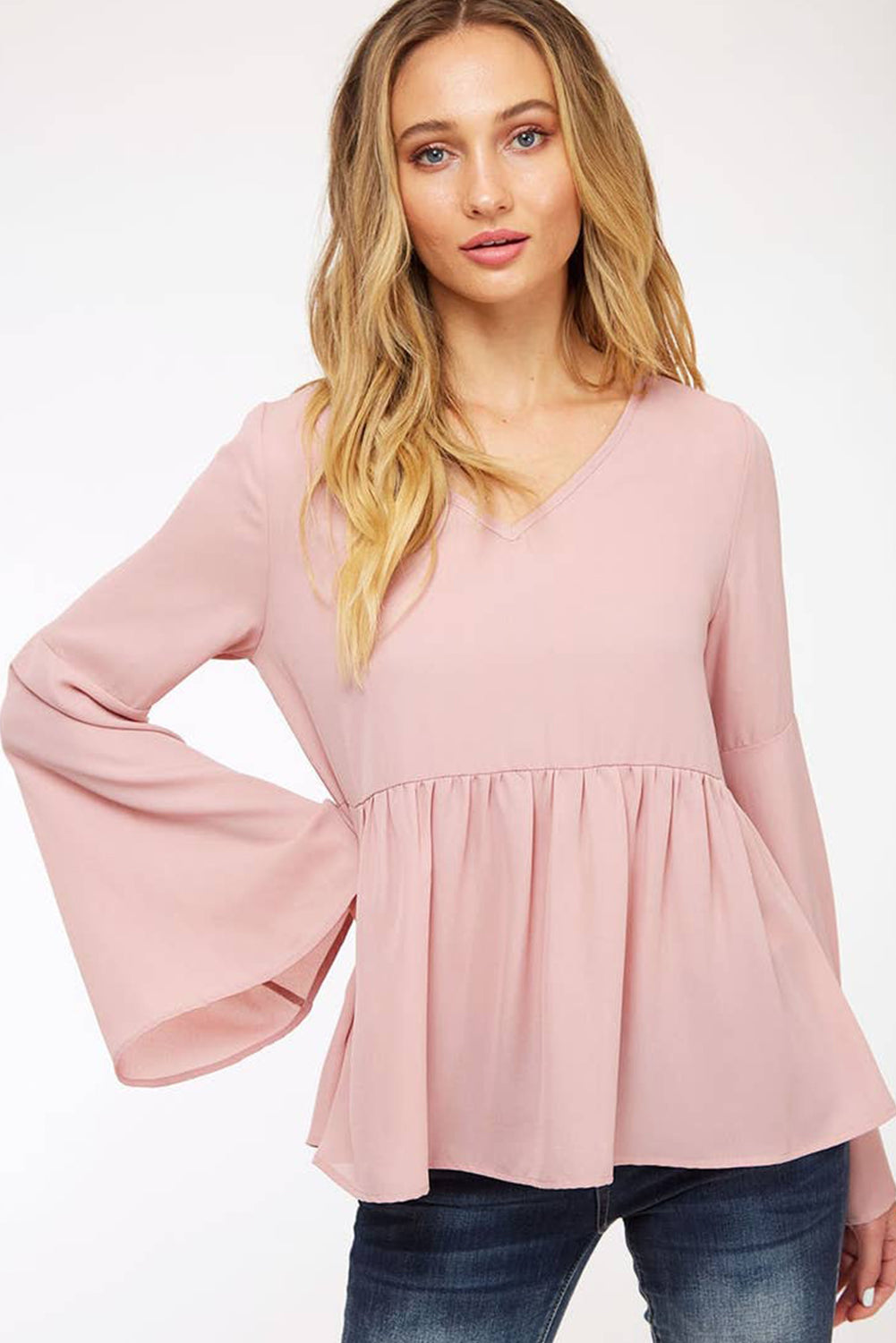 Pink V-Neck Bell Sleeve Back-Tie Ruffled Blouse