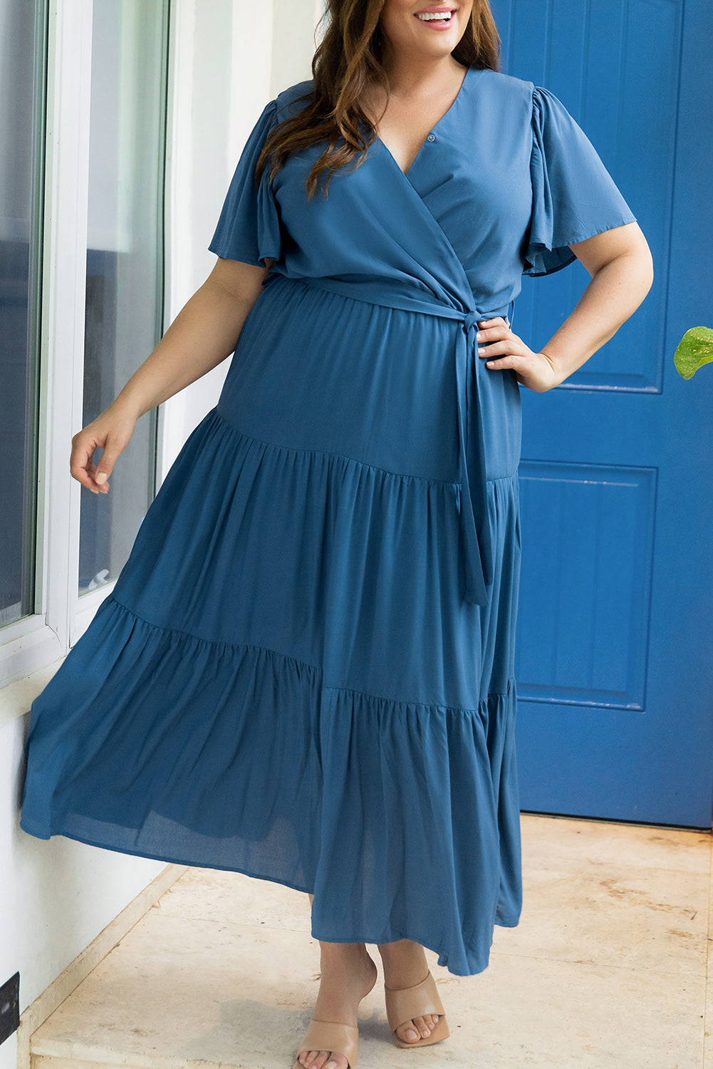 Plus Size Pleated Lace-up V Neck Wrap Maxi Dress