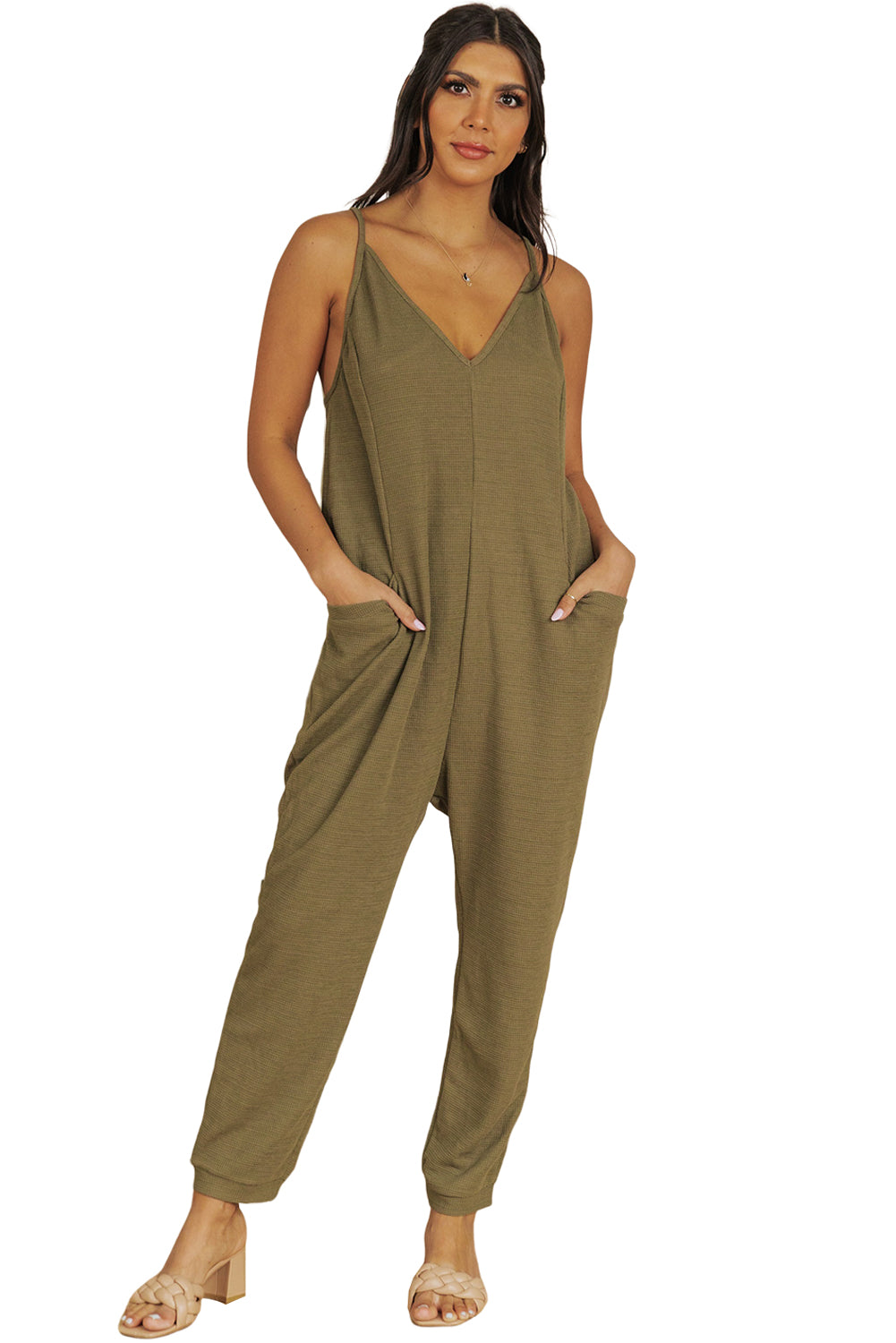 Textured Sleeveless V-Neck Pocketed Casual Jumpsuit