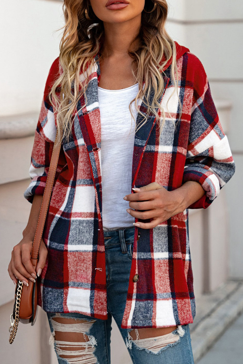 Hooded Plaid Button Front Shacket