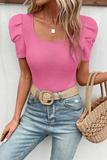 Bright Pink Waffle Knit Ruched Puff Sleeve Top